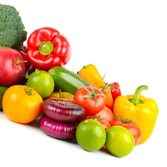Useful and fresh vegetables and fruits isolated on white
