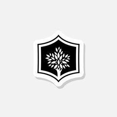 Shield with tree sticker icon isolated on white background