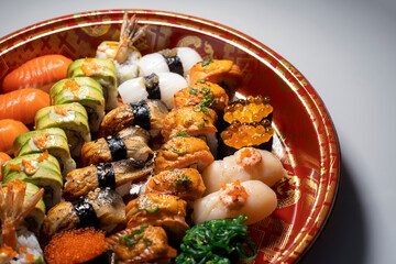 Mixed sushi roll and sashimi platter. Party Platters.