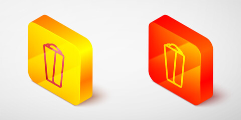 Isometric line Burrito icon isolated on grey background. Traditional mexican fast food. Yellow and orange square button. Vector.