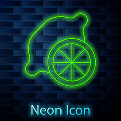 Glowing neon line Lemon icon isolated on brick wall background. Vector.