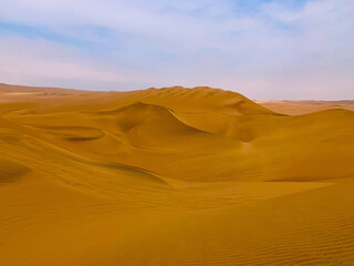 Fototapeta na wymiar Desert sand dunes, yellow sandy waves, arid sunny climate, rippled hills in Sahara, incredible extreme terrain.