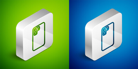 Isometric line Smartphone, mobile phone icon isolated on green and blue background. Silver square button. Vector.