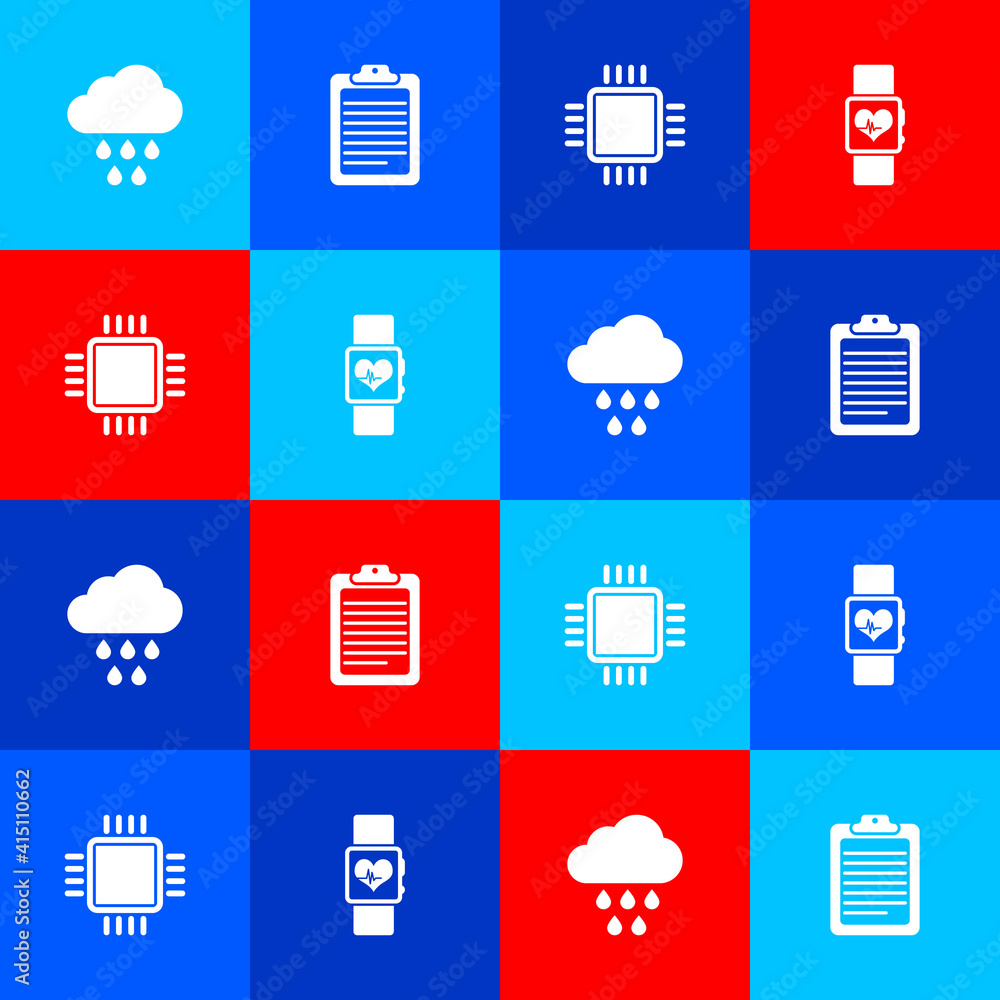Poster set cloud with rain, clipboard document, processor cpu and smart watch heart beat rate icon. vector.