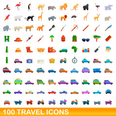 100 travel icons set. Cartoon illustration of 100 travel icons vector set isolated on white background