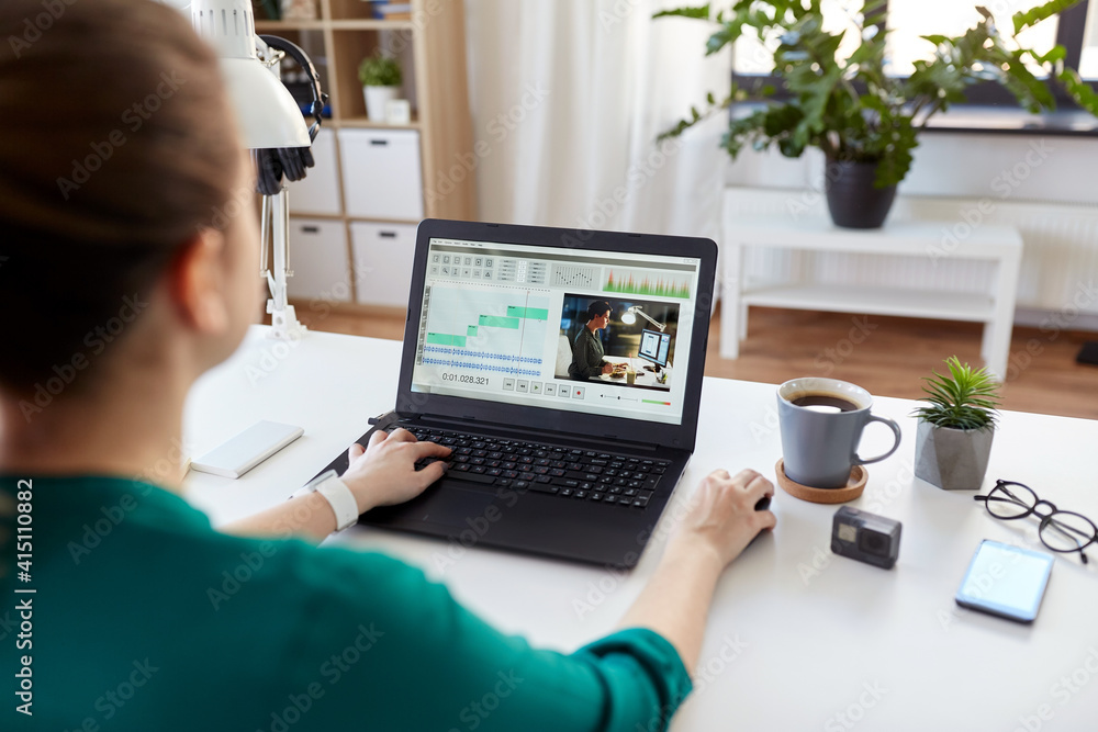 Poster technology, post production and vlog concept - close up of woman working in video editor program on 