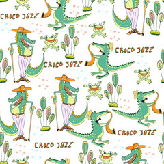Vector seamless nursery pattern. Funny crocodiles, jazz musucians, frogs, tropical plants, flowers.