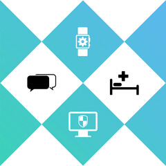 Set Chat, Monitor and shield, Smartwatch setting and Hospital bed icon. Vector.