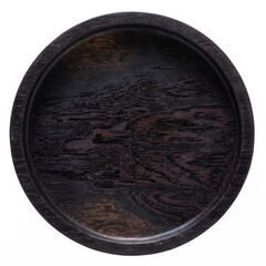 Handmade round black natural texture wooden plate. Handmade wooden plates.