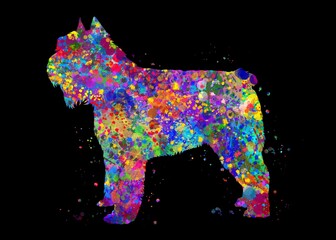 Bouvier des flandres Dog watercolor, black background, abstract painting. Watercolor illustration rainbow, colorful, decoration wall art.