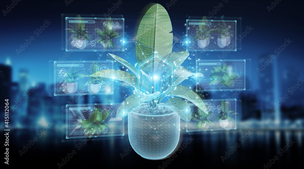 Poster holographic projection of a plant with digital analysis on blue background 3d rendering