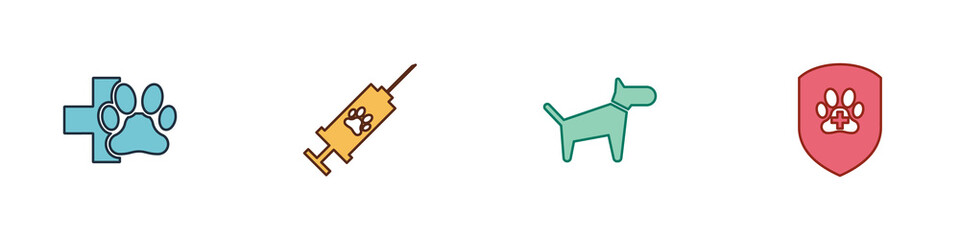 Set Veterinary clinic, Syringe with pet vaccine, Dog and Animal health insurance icon. Vector.
