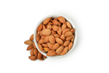 Bowl with tasty almond isolated on white background