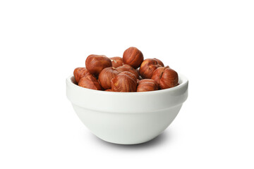 Bowl with tasty hazelnuts isolated on white background