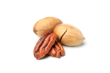 Tasty pecan nuts isolated on white background