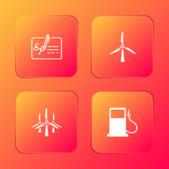 Set Signed document, Wind turbine, turbines and Petrol or Gas station icon. Vector.