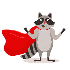 children's vector illustration of a raccoon in a red fluttering raincoat in the image of a super hero