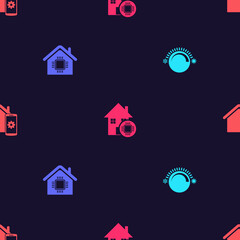 Set Thermostat, Smart home, and remote control system on seamless pattern. Vector.