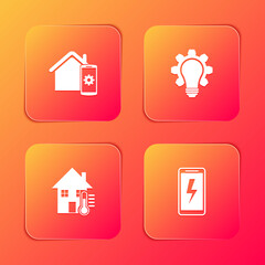 Set Smart home remote control system, Light bulb and gear, House temperature and Mobile charging battery icon. Vector.
