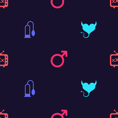 Set Devil heart with horns, Penis pump, Male gender symbol and Sex tv old television on seamless pattern. Vector.