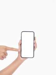 Woman holding smartphone with blank screen
