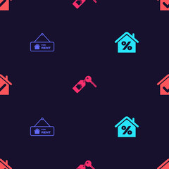 Set House with percant, Hanging sign For Rent, key and check mark on seamless pattern. Vector.