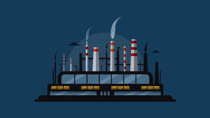 Night factory with smokestacks - vector