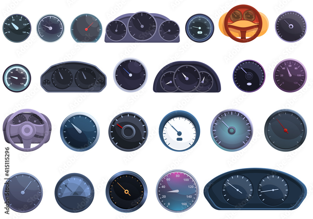 Poster car dashboard icons set. cartoon set of car dashboard vector icons for web design