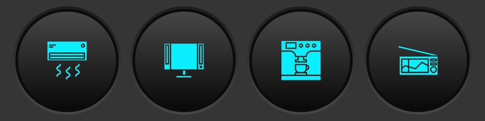 Set Air conditioner, Smart Tv, Coffee machine and cup and Radio icon. Vector.