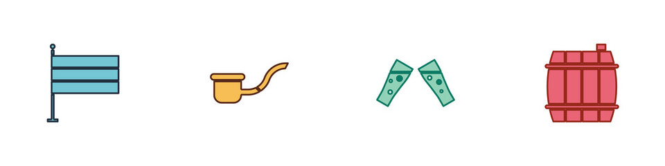 Set National Germany flag, Smoking pipe, Glass of beer and Wooden barrel icon. Vector.