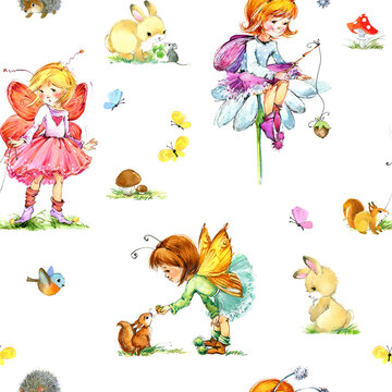 Cute seamless pattern with Winged Fairies and little forest animals. Fabric design for girls. watercolor Fairy tale cartoon forest illustration