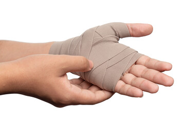 Wounded hand cover with elastic bandage. Close-up of young man with bandaging on his hand.