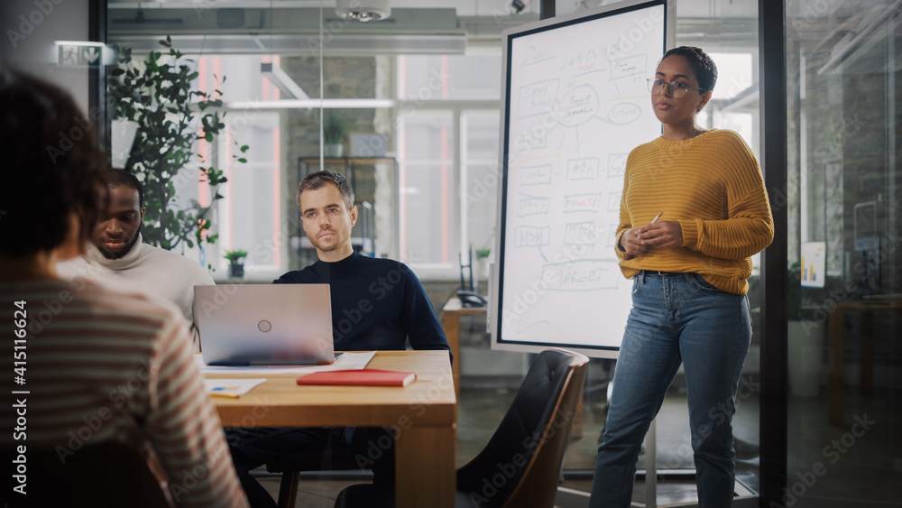 Poster Project Manager Makes a Presentation for a Young Diverse Creative Team in Meeting Room in an Agency. Colleagues Sit Behind Conference Table and Discuss Business Development, User Interface and Design.