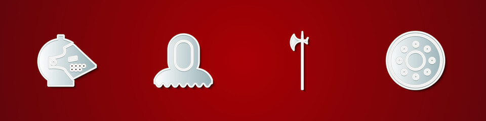 Set Medieval iron helmet, hood, halberd and Round wooden shield icon. Vector.