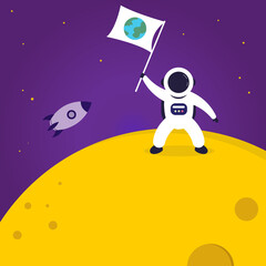 Astronaut with flag on moon. Colorful vector illustration for children book or decoration.