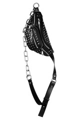 Black leather bum bag with metal studs, zippers and chain belt isolated on white background.
