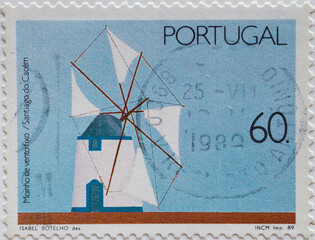 PORTUGAL - CIRCA 1989 : a postage stamp printed in the Portugal showing a traditional windmill with...