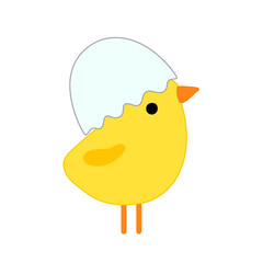 Cute yellow chicken icon isolated on white background. Funny chick with eggshell on head. Minimalistic hand drawn vector illustration for card, Easter and birthday decor.