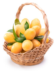 Sweet Yellow Marian Plum in Bamboo basket isolated on white background, Tropical fruit Mayongchid, Maprang, on white background With clipping path.