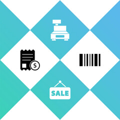Set Paper check and financial check, Hanging sign with Sale, Cash register machine and Barcode icon. Vector.