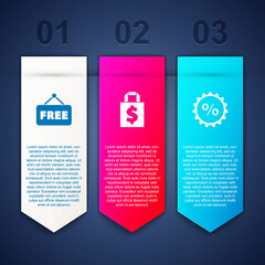 Set Price tag with text Free, Shoping bag and dollar and Discount percent. Business infographic template. Vector.