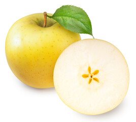 Yellow apple with leaves isolated on white background, Yellow Orin Apples on white background With...