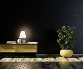 Dark interior with table and big home plant on a floor. 3D rendering.