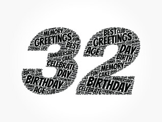 Happy 32nd birthday word cloud, holiday concept background