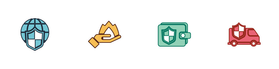 Set Shield with world globe, Hand holding a fire, Wallet shield and Car icon. Vector.