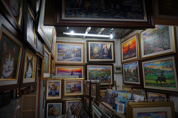 Frames and oil paintings at gallery from Thailand.