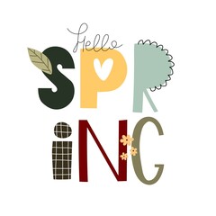 hello spring. hand drawing lettering, decoration elements. colorful spring vector illustration, flat style. design for print, greeting card, poster decoration, cover