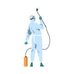 Back View of Person in Protective Antiviral Suit Spraying Disinfectant, Preventive Measures against Spread of Coronavirus Disease Cartoon Style Vector Illustration