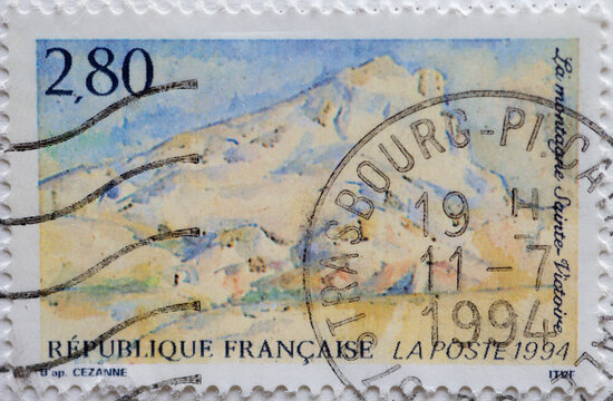 FRANCE - CIRCA 1994 : a postage stamp printed in France showing a painting by the French artist Paul Cézanne: Montagne Sainte-Victoire