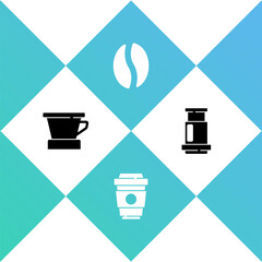 Set V60 coffee maker, Coffee cup to go, beans and Aeropress icon. Vector.